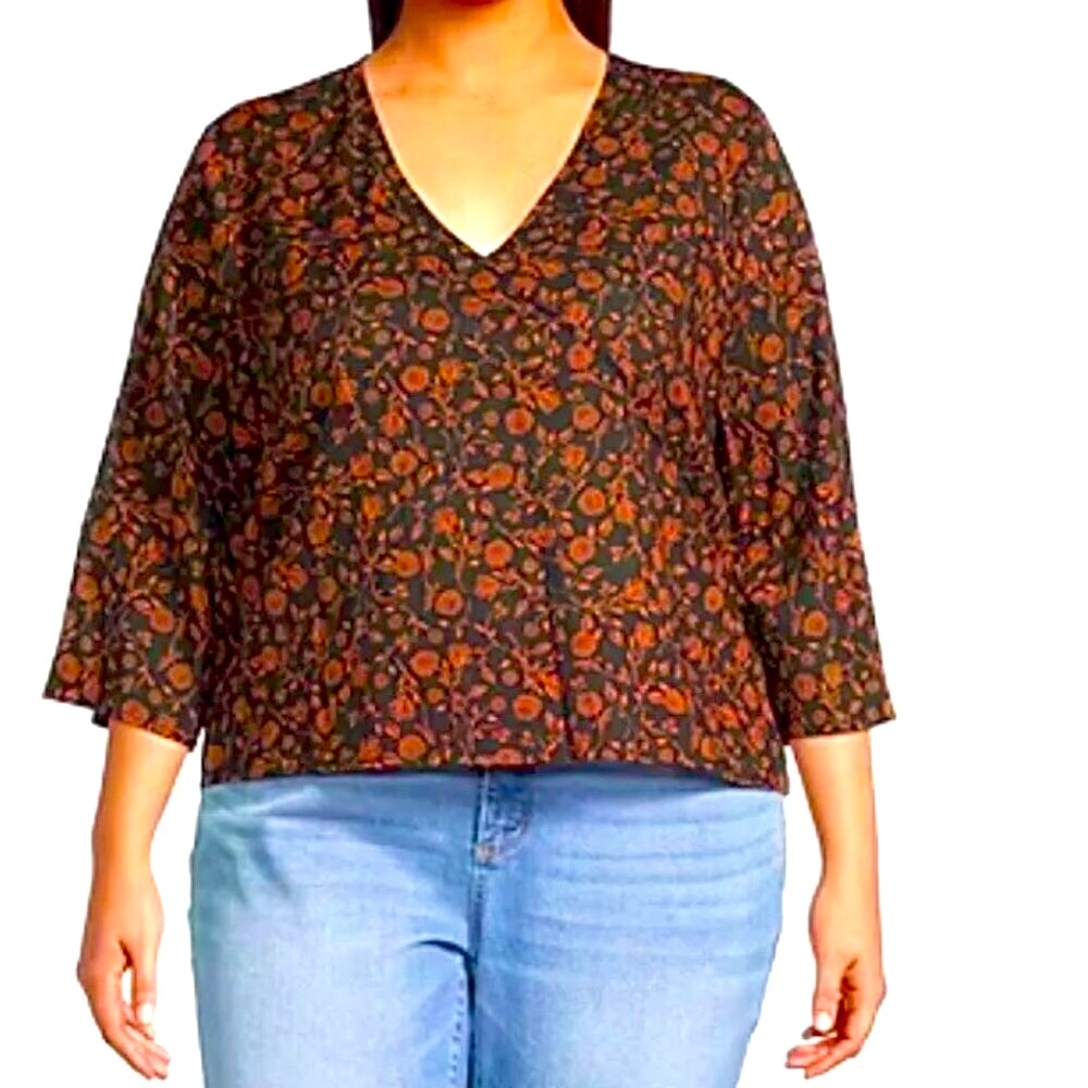 NWT A.N.A Etched Floral Boho Peasant Blouse 3/4 Sleeve V-Neck Black\Copper 16W